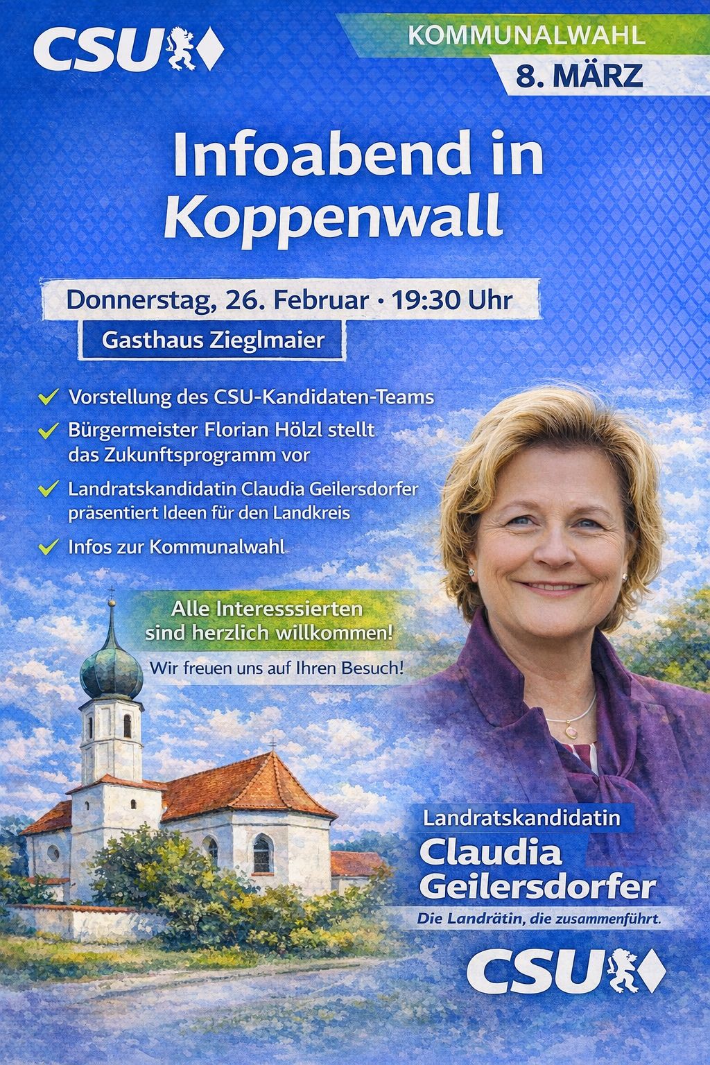 Am Donnerstag, 5. Februar, lädt der CSU-Ortsverband um 19.30 Uhr in den Bürgersaal, Zugang über Billardclub 73, zu einem Infoabend.